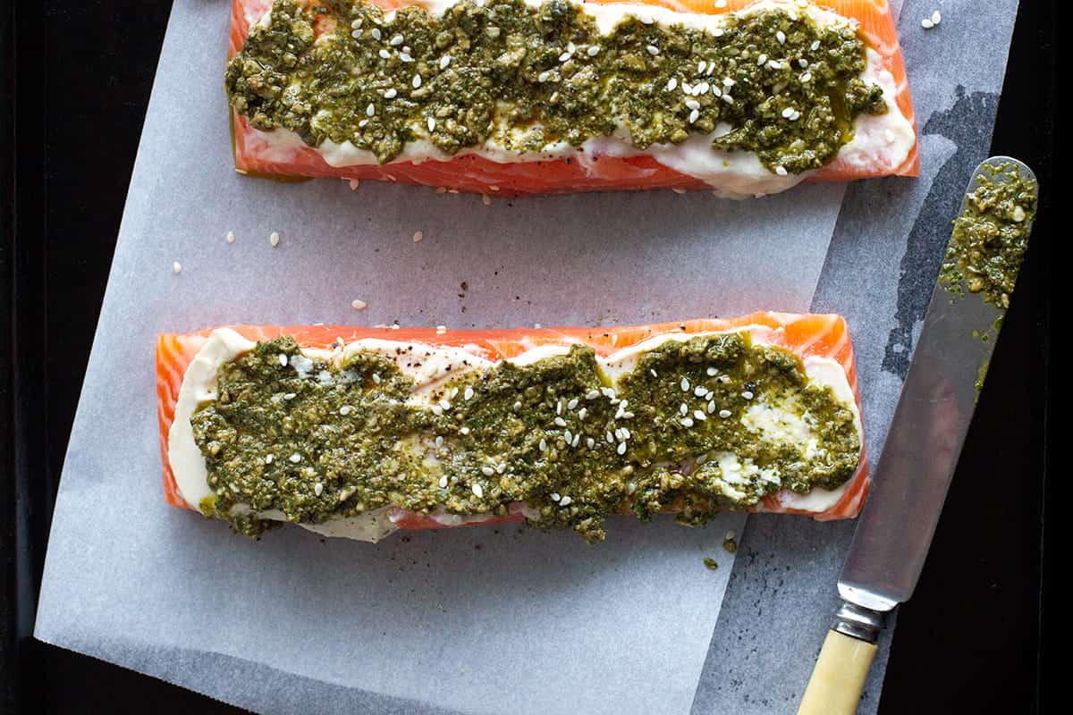 baked coriander pesto salmon