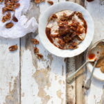 barley porridge w almond milk, stewed quinces + honey pecans