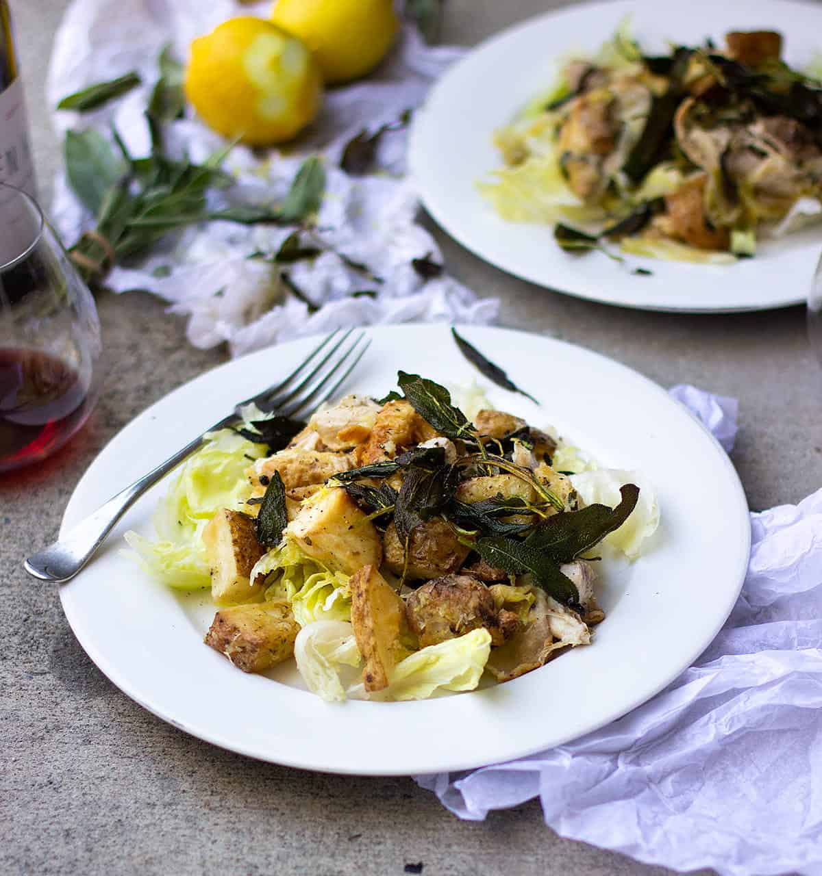 chicken, roast potato, lemon salad w capers & crispy sage