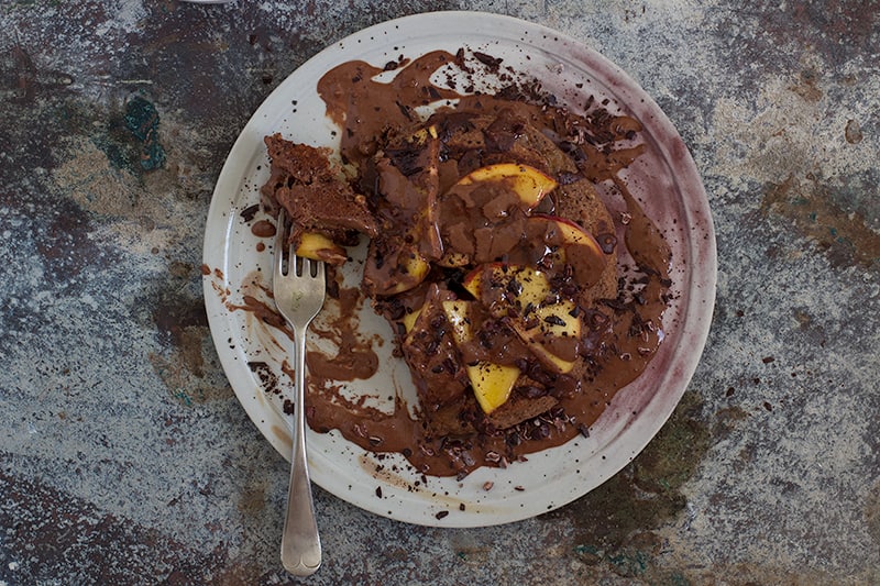 triple chocolate pancake w peach + creamy chocolate sauce recipe | Jessica Cox