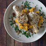 dukkah & lemon roast chicken drumsticks w cauliflower + pumpkin mash