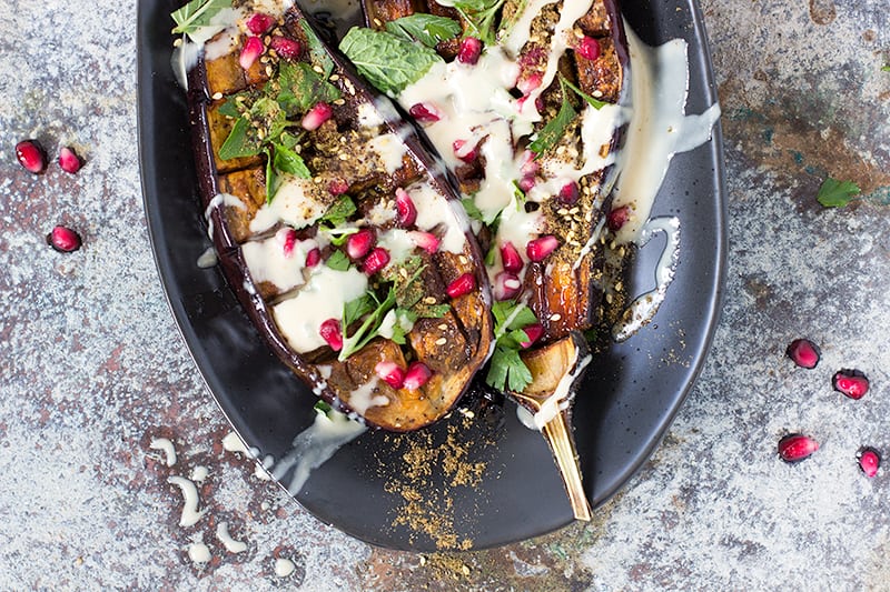roasted eggplant w date syrup and tahini dressing recipe | Jessica Cox
