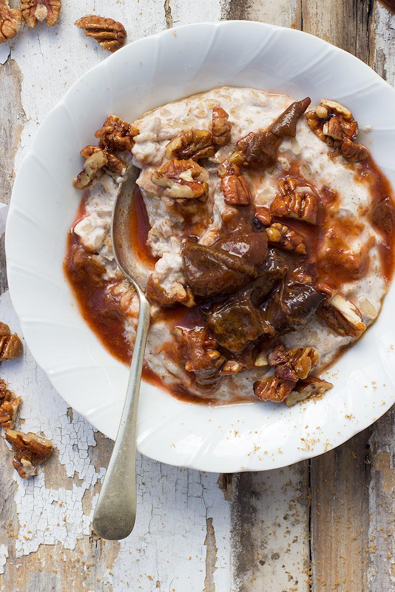 jessica cox | barely porridge w almond milk, stewed quinces + honey pecans