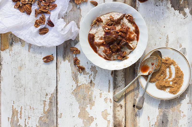 jessica cox | barely porridge w almond milk, stewed quinces + honey pecans