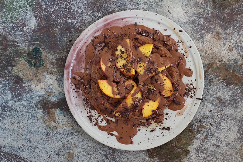 jessica cox | triple chocolate pancake w peach + creamy chocolate sauce #glutenfree #vegan