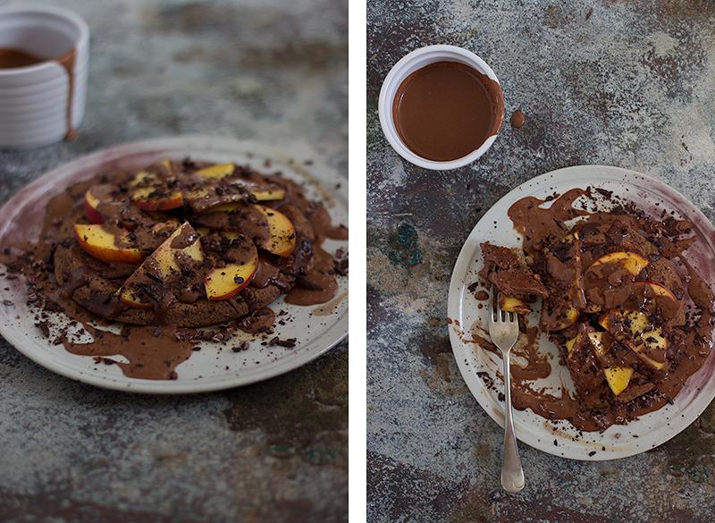 jessica cox | triple chocolate pancake w peach + creamy chocolate sauce #glutenfree #vegan