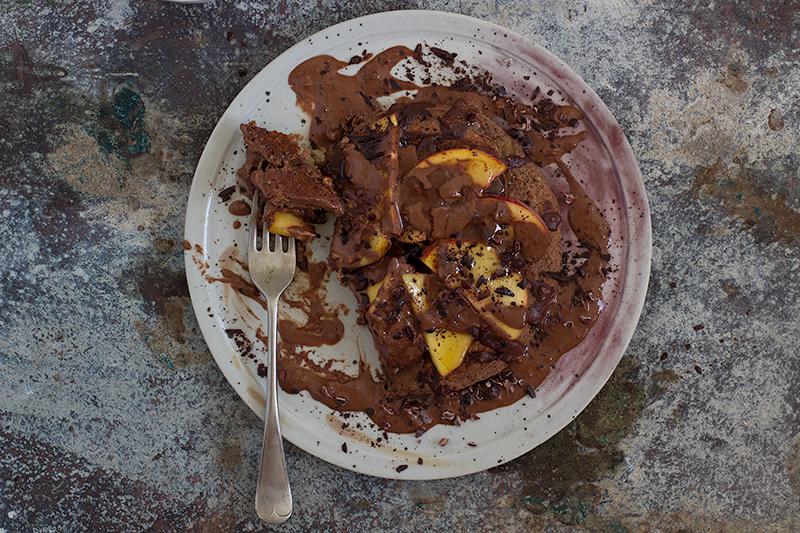 jessica cox | triple chocolate pancake w peach + creamy chocolate sauce #glutenfree #vegan