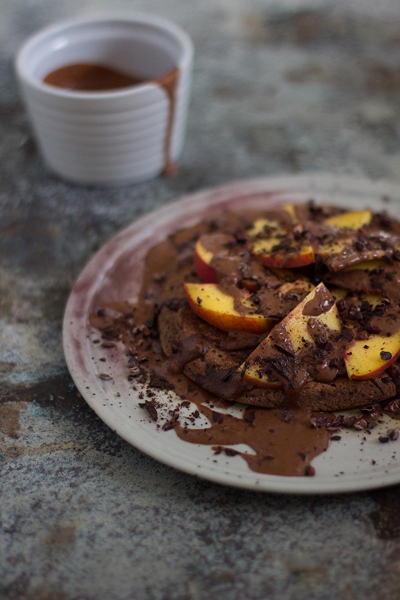 jessica cox | triple chocolate pancake w peach + creamy chocolate sauce #glutenfree #vegan