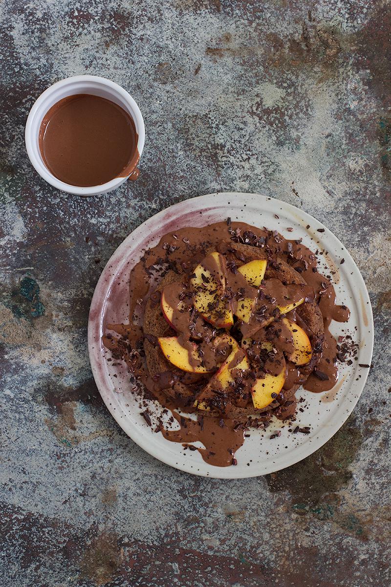 jessica cox | triple chocolate pancake w peach + creamy chocolate sauce #glutenfree #vegan