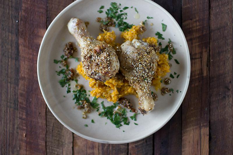 jessica cox | dukkah & lemon roast chicken drumsticks w cauliflower + pumpkin mash