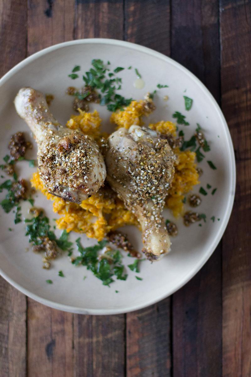 jessica cox | dukkah & lemon roast chicken drumsticks w cauliflower + pumpkin mash