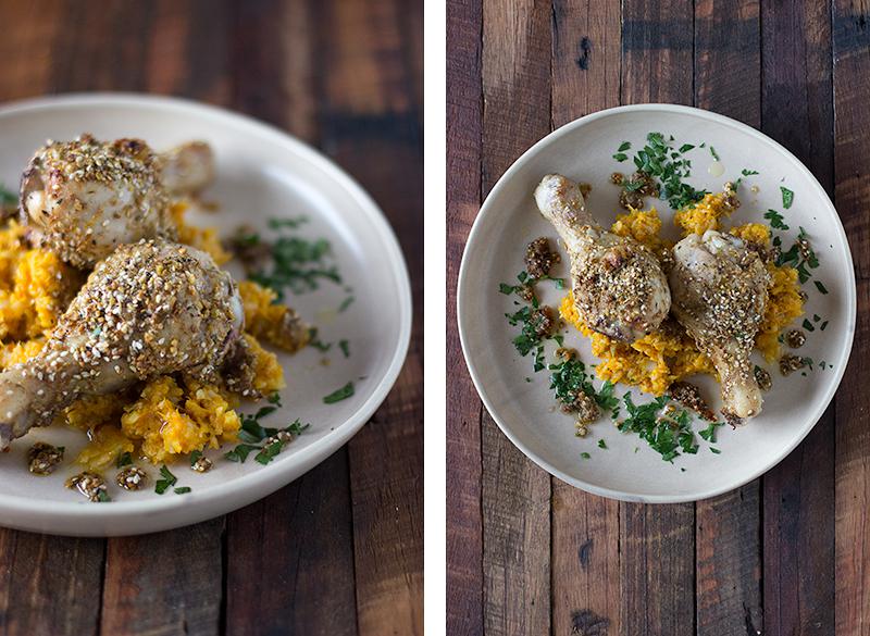 jessica cox | dukkah & lemon roast chicken drumsticks w cauliflower + pumpkin mash