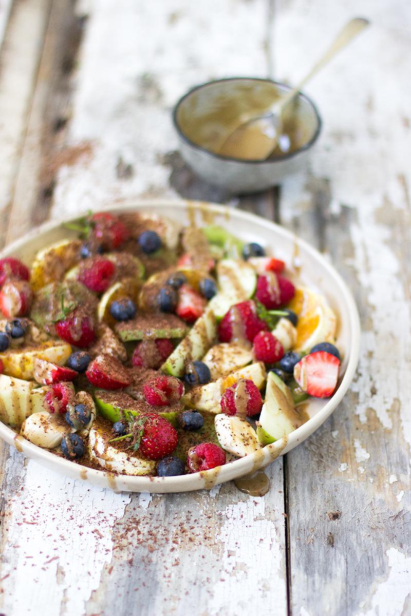 jessica cox | fruit platter w tahini caramel & chocolate