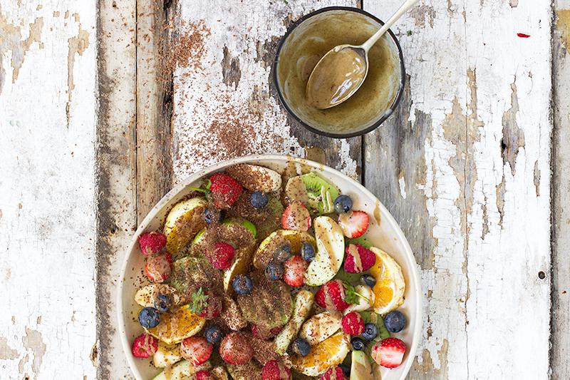 jessica cox | fruit platter w tahini caramel & chocolate