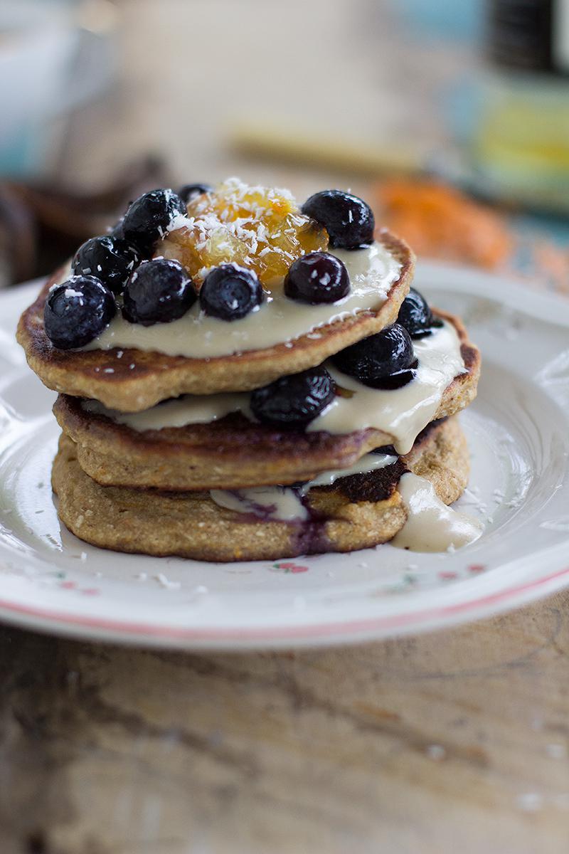 jessica cox | vegan pancakes w chocolate tahini sauce + blueberries