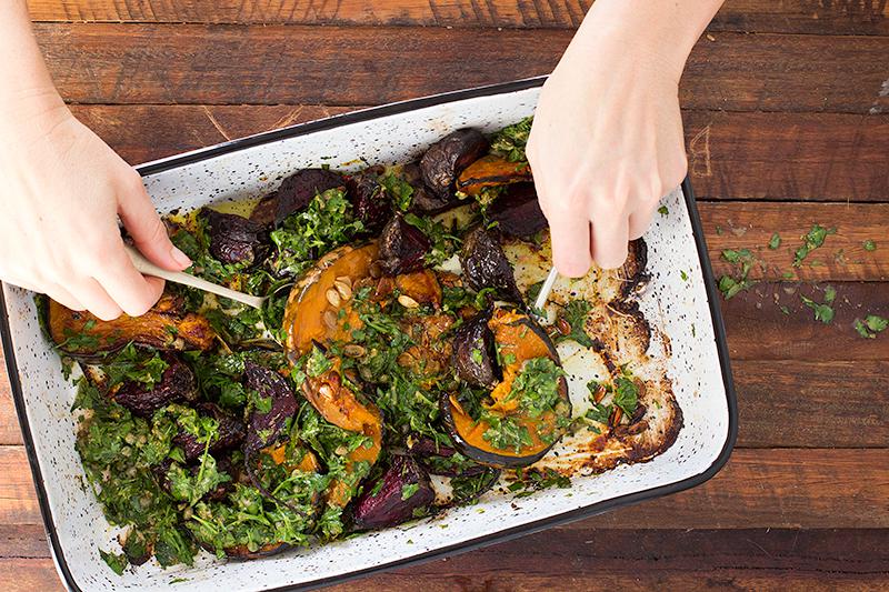 jessica cox | slow roasted pumpkin & beets w salsa verde parsley dressing 