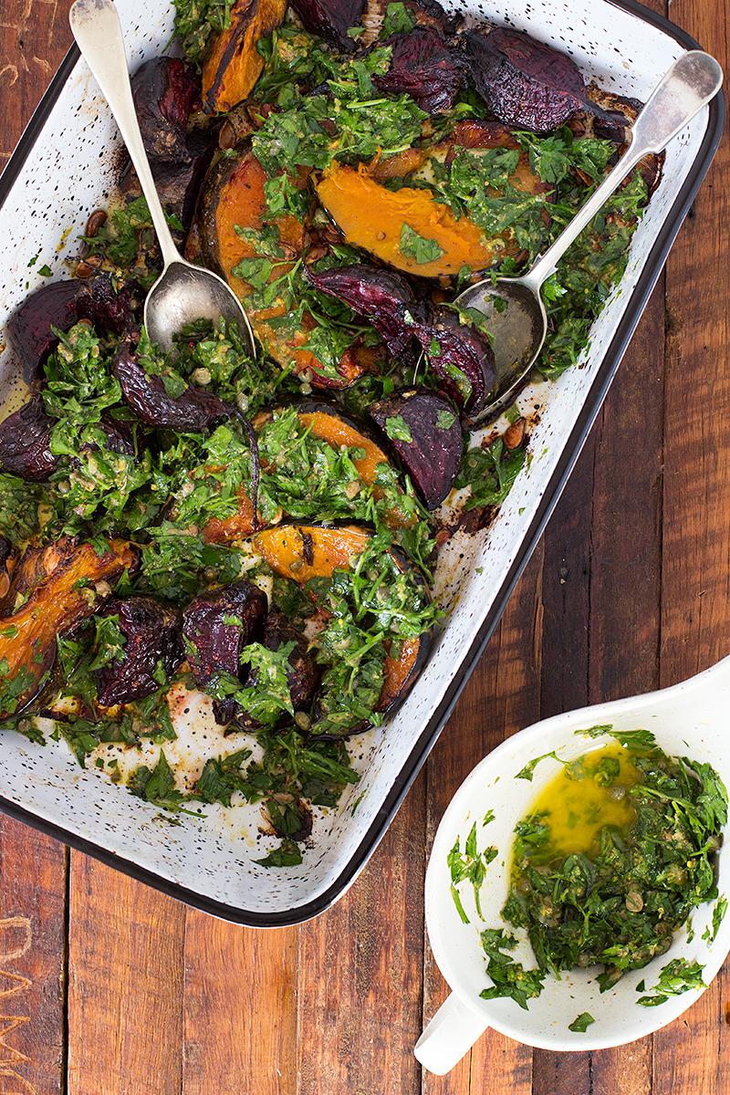 jessica cox | slow roasted pumpkin & beets w salsa verde parsley dressing 