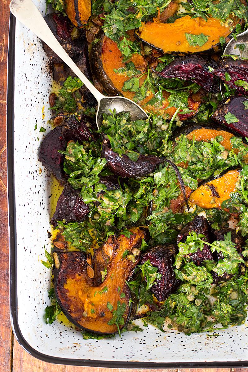 jessica cox | slow roasted pumpkin & beets w salsa verde parsley dressing 