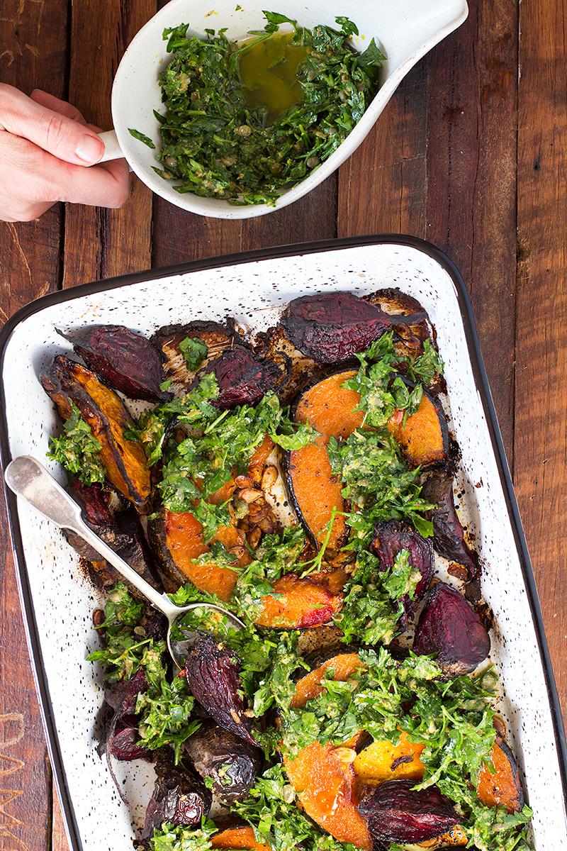 jessica cox | slow roasted pumpkin & beets w salsa verde parsley dressing 