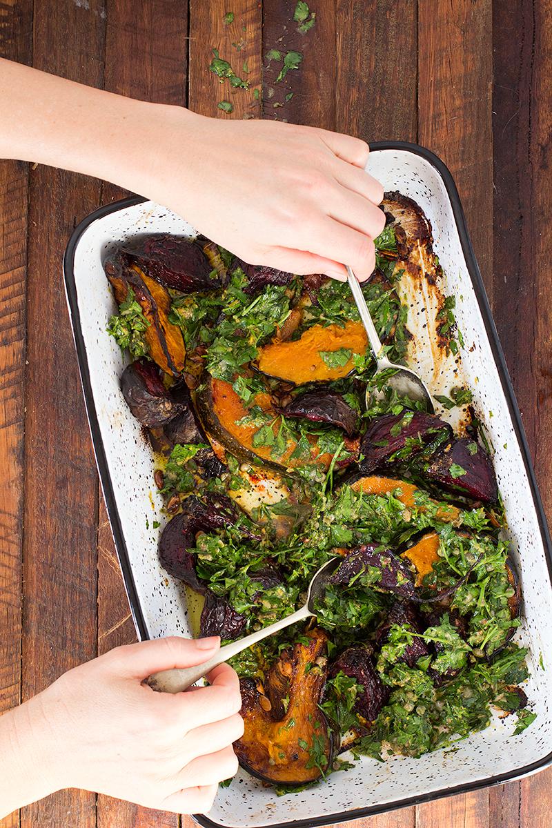 jessica cox | slow roasted pumpkin & beets w salsa verde parsley dressing 