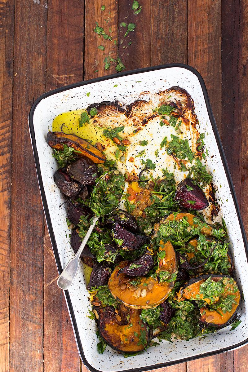 jessica cox | slow roasted pumpkin & beets w salsa verde parsley dressing 