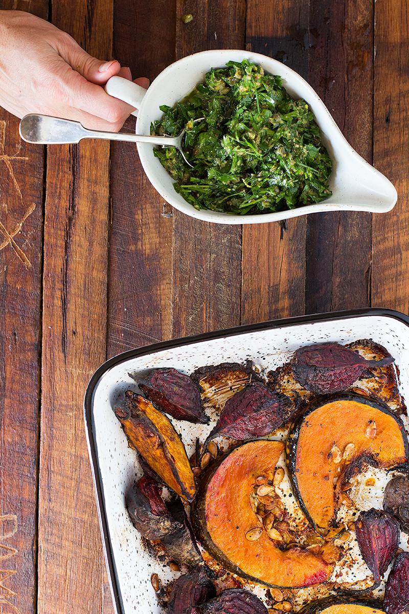 jessica cox | slow roasted pumpkin & beets w salsa verde parsley dressing 