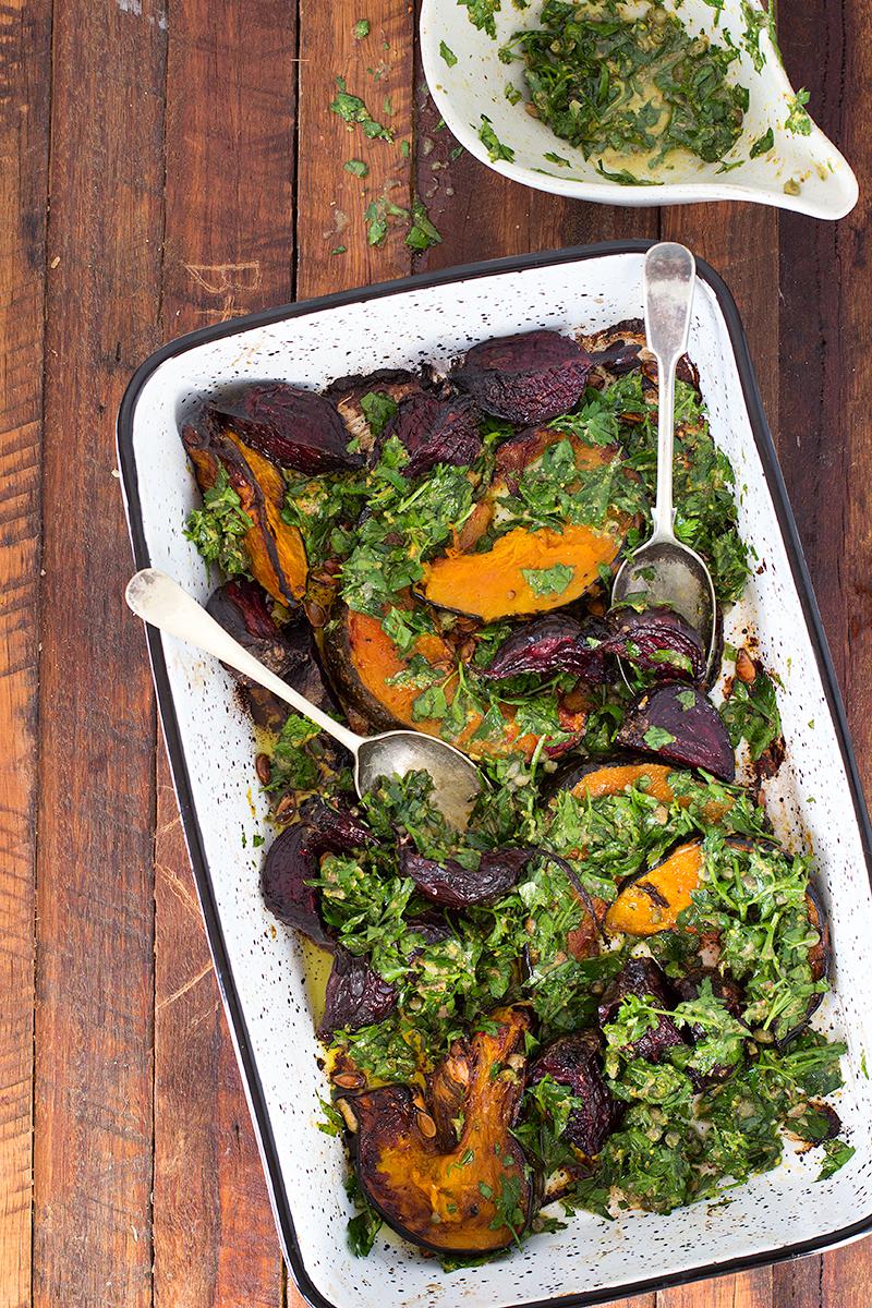 jessica cox | slow roasted pumpkin & beets w salsa verde parsley dressing 