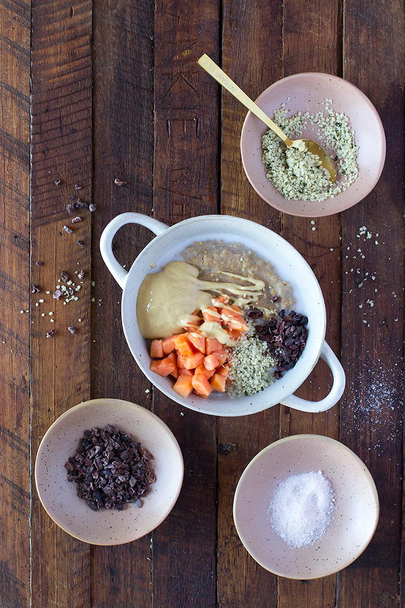jessica cox | salted caramel porridge w hemp seeds, papaya + peanut butter