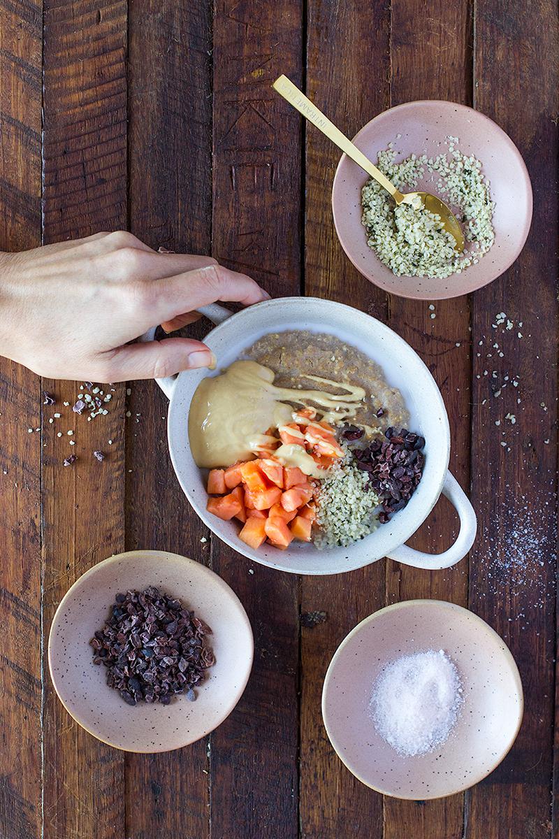 jessica cox | salted caramel porridge w hemp seeds, papaya + peanut butter