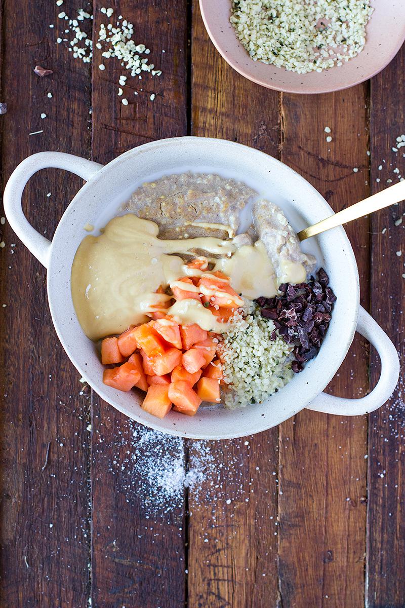 jessica cox | salted caramel porridge w hemp seeds, papaya + peanut butter