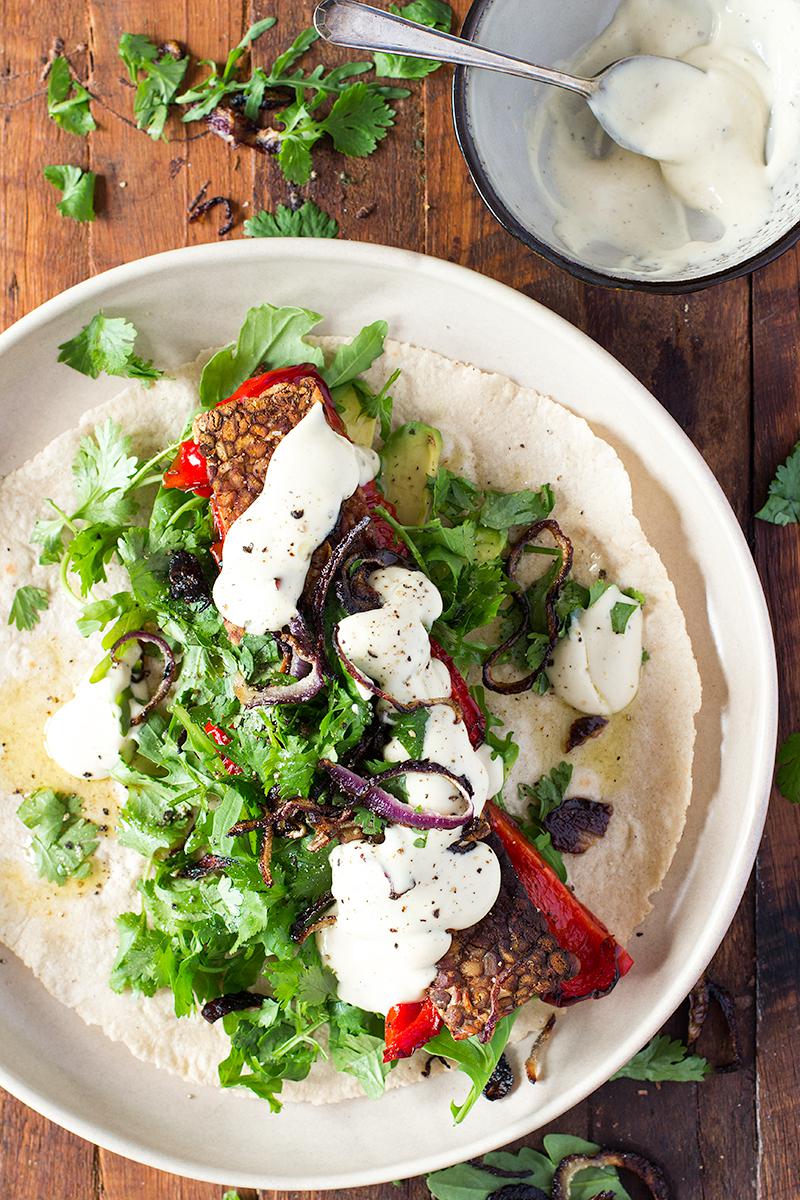 jessica cox | tempeh, crispy onion & roast capsicum wraps + homemade whole egg mayo