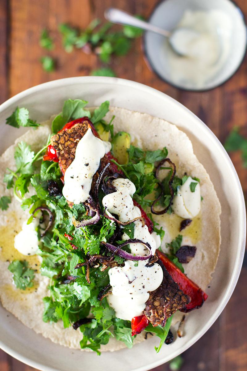 jessica cox | tempeh, crispy onion & roast capsicum wraps + homemade whole egg mayo