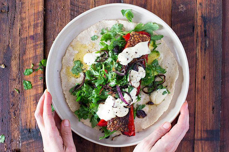 jessica cox | tempeh, crispy onion & roast capsicum wraps + homemade whole egg mayo