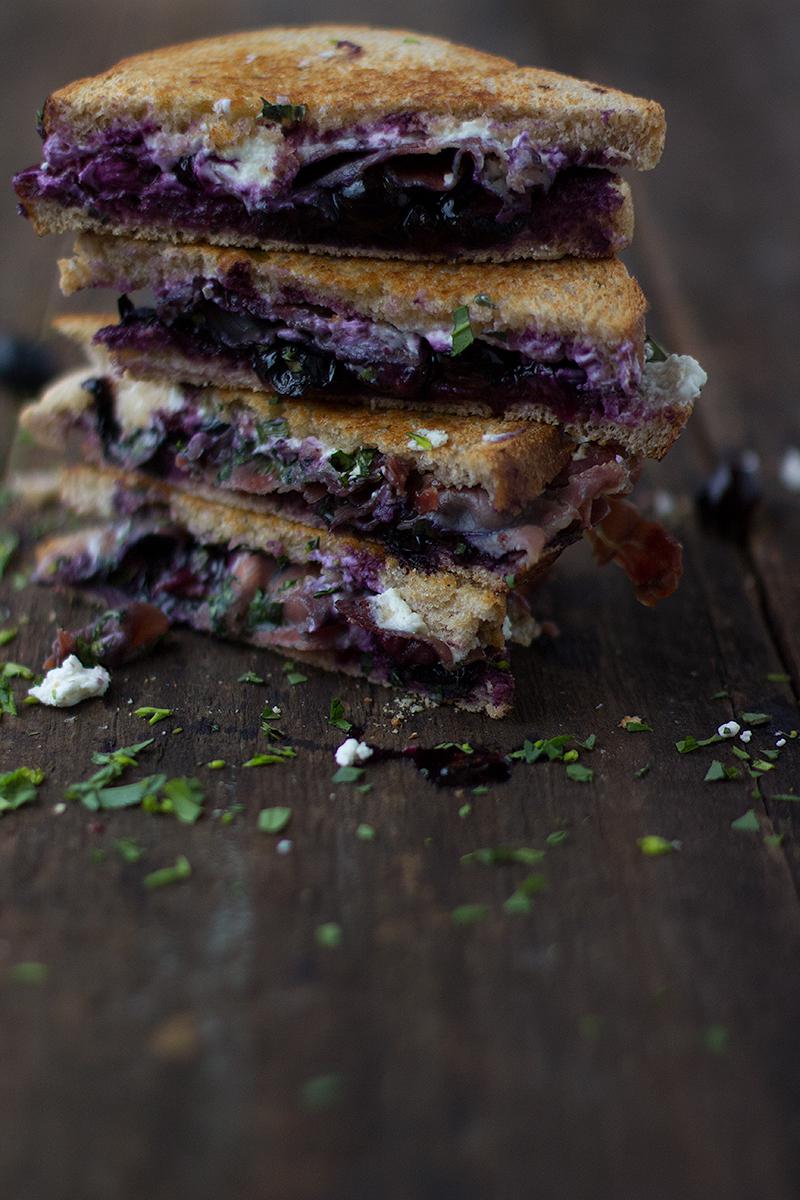 toastie w braised blueberries in balsamic, goats cheese,  prosciutto & rocket | jessica cox