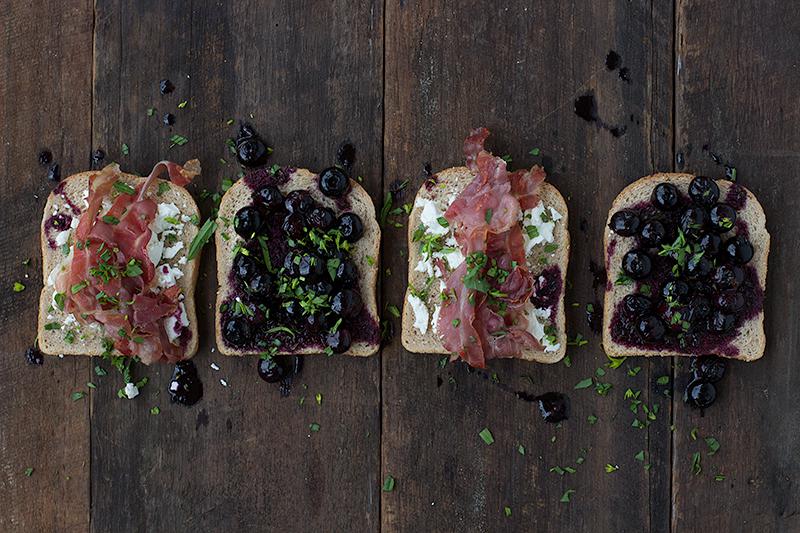 toastie w braised blueberries in balsamic, goats cheese,  prosciutto & rocket | jessica cox