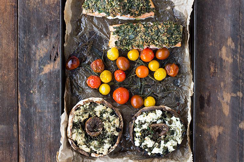 jessica cox | herb crusted salmon tray bake with stuffed mushrooms (2 ways)