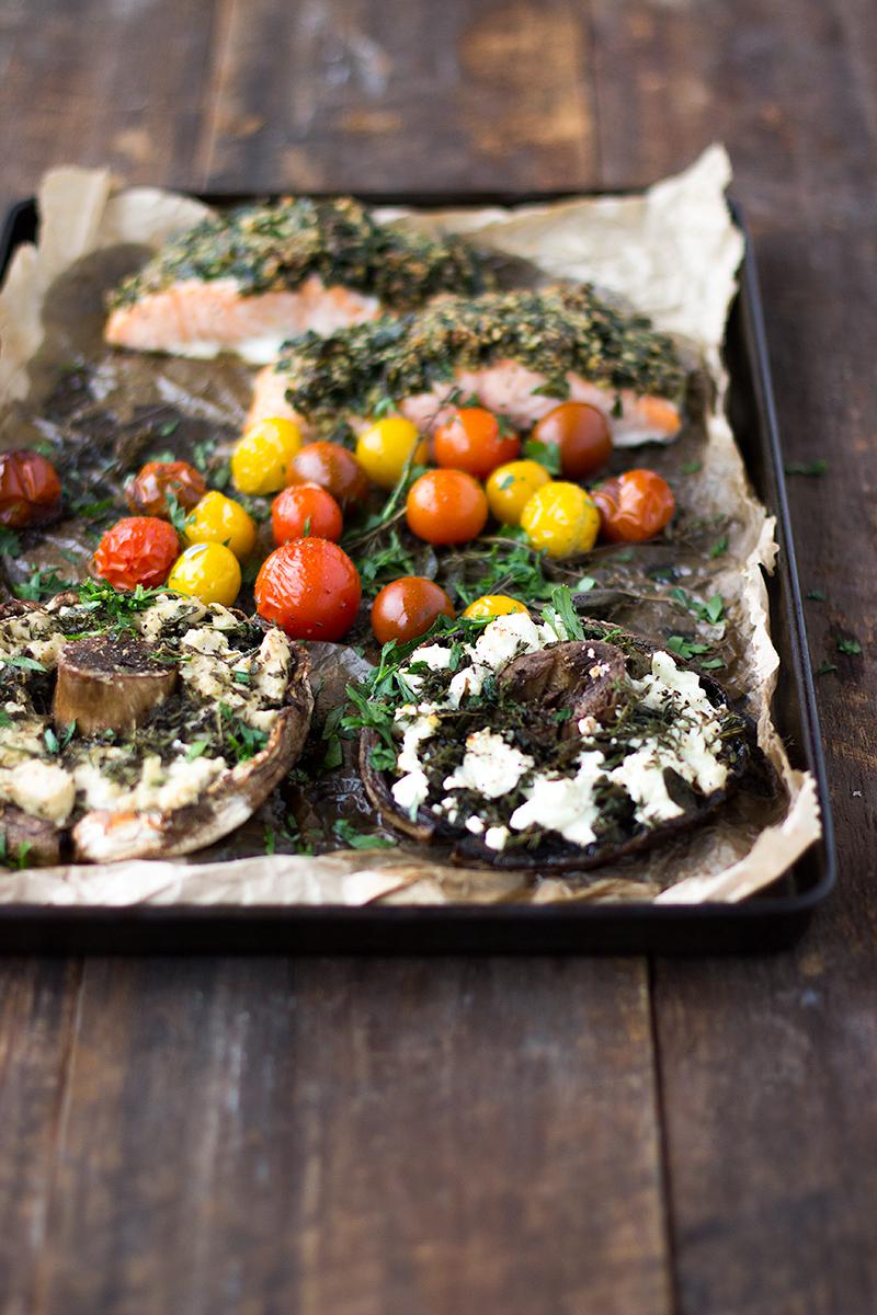 jessica cox | herb crusted salmon tray bake with stuffed mushrooms (2 ways)