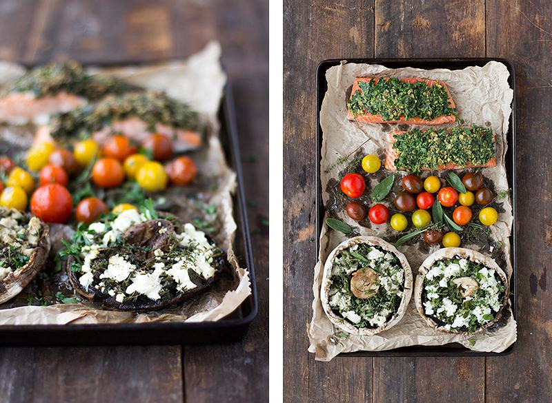 jessica cox | herb crusted salmon tray bake with stuffed mushrooms (2 ways)