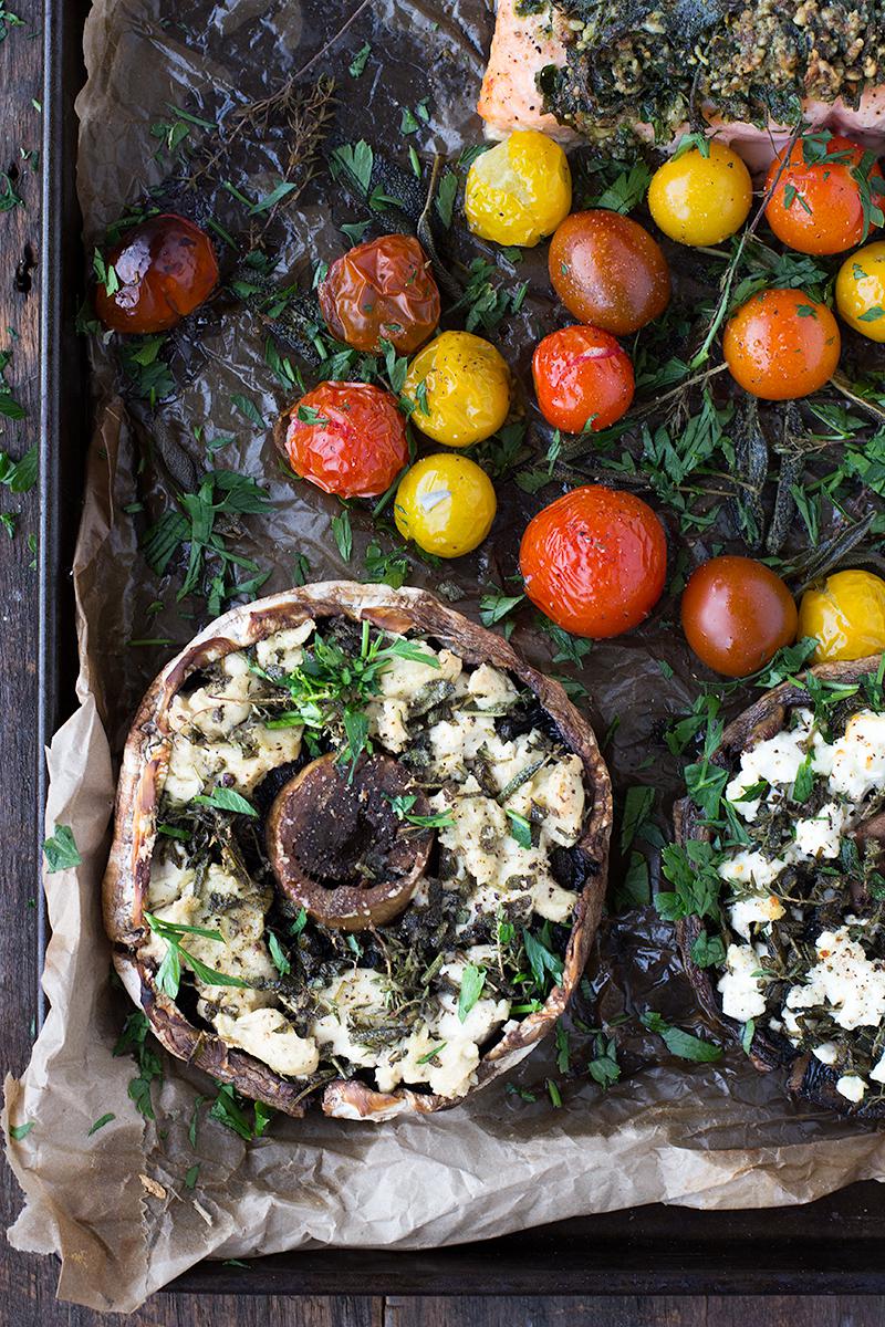 jessica cox | herb crusted salmon tray bake with stuffed mushrooms (2 ways)