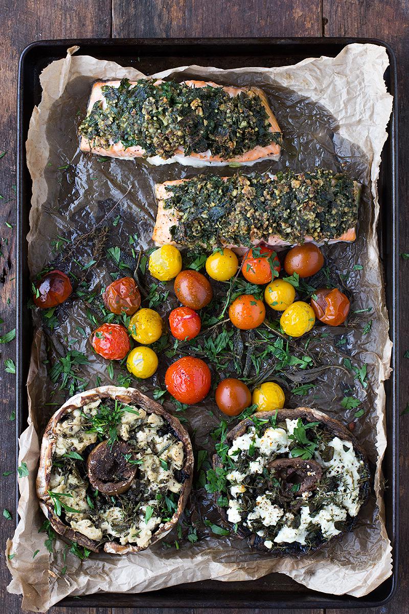 jessica cox | herb crusted salmon tray bake with stuffed mushrooms (2 ways)