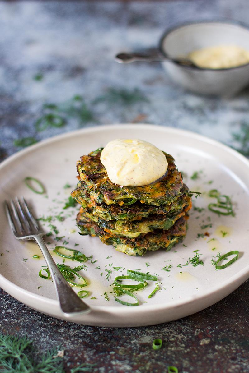 herbed zucchini fritters w mustard mayo | jessica cox 