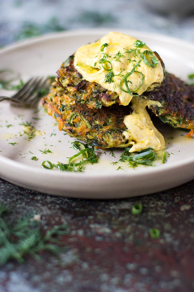 herbed zucchini fritters w mustard mayo | jessica cox 