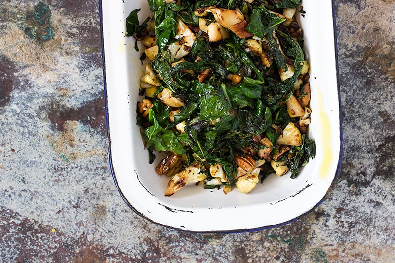 garlicky kale & cauliflower w toasted pecans recipe | Jessica Cox