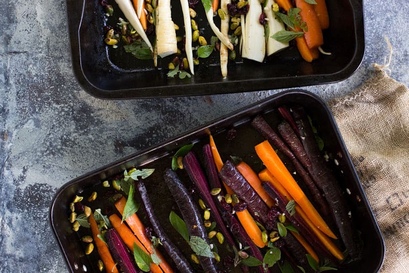 maple roasted carrots & parsnips w pistachios, cranberries and sage recipe | Jessica Cox