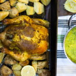 moroccan roast chicken with zingy pea smash and pecorino potatoes