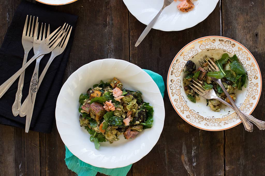 roast veg pesto salad with hot smoked salmon recipe | Jessica Cox