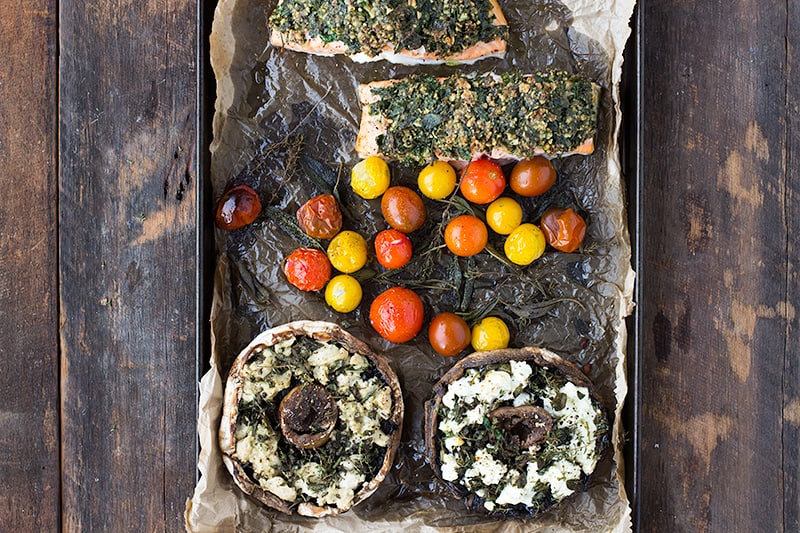herb crusted salmon tray bake with stuffed mushrooms (2 ways) recipe | Jessica Cox