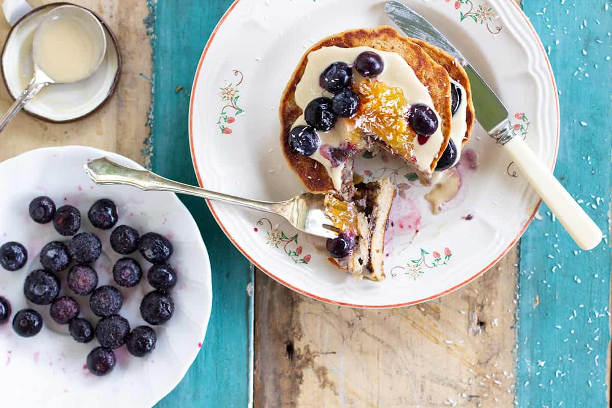 vegan pancakes w chocolate tahini sauce + blueberries recipe | Jessica Cox