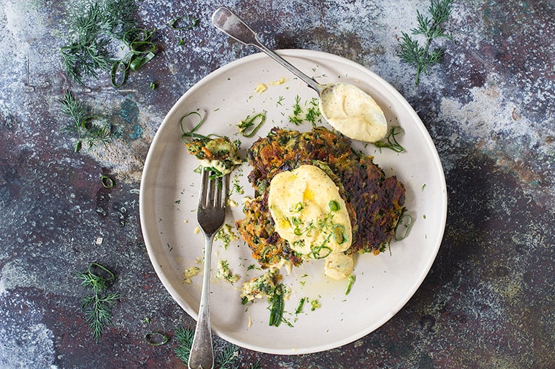 herbed zucchini fritters w mustard mayo recipe | Jessica Cox